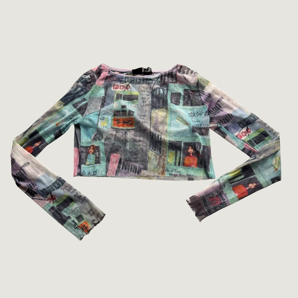 Xhilaration Mesh Crop Top S Hong Kong Print Sheer Long Sleeve Y2K Multi Color